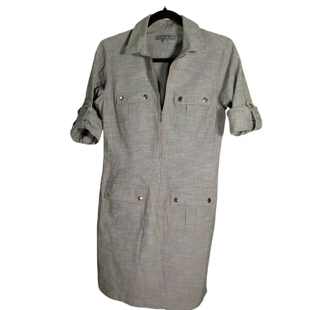 Sharagano Dark Military Green Shirt Dress Ladies 4 Office Street Wear